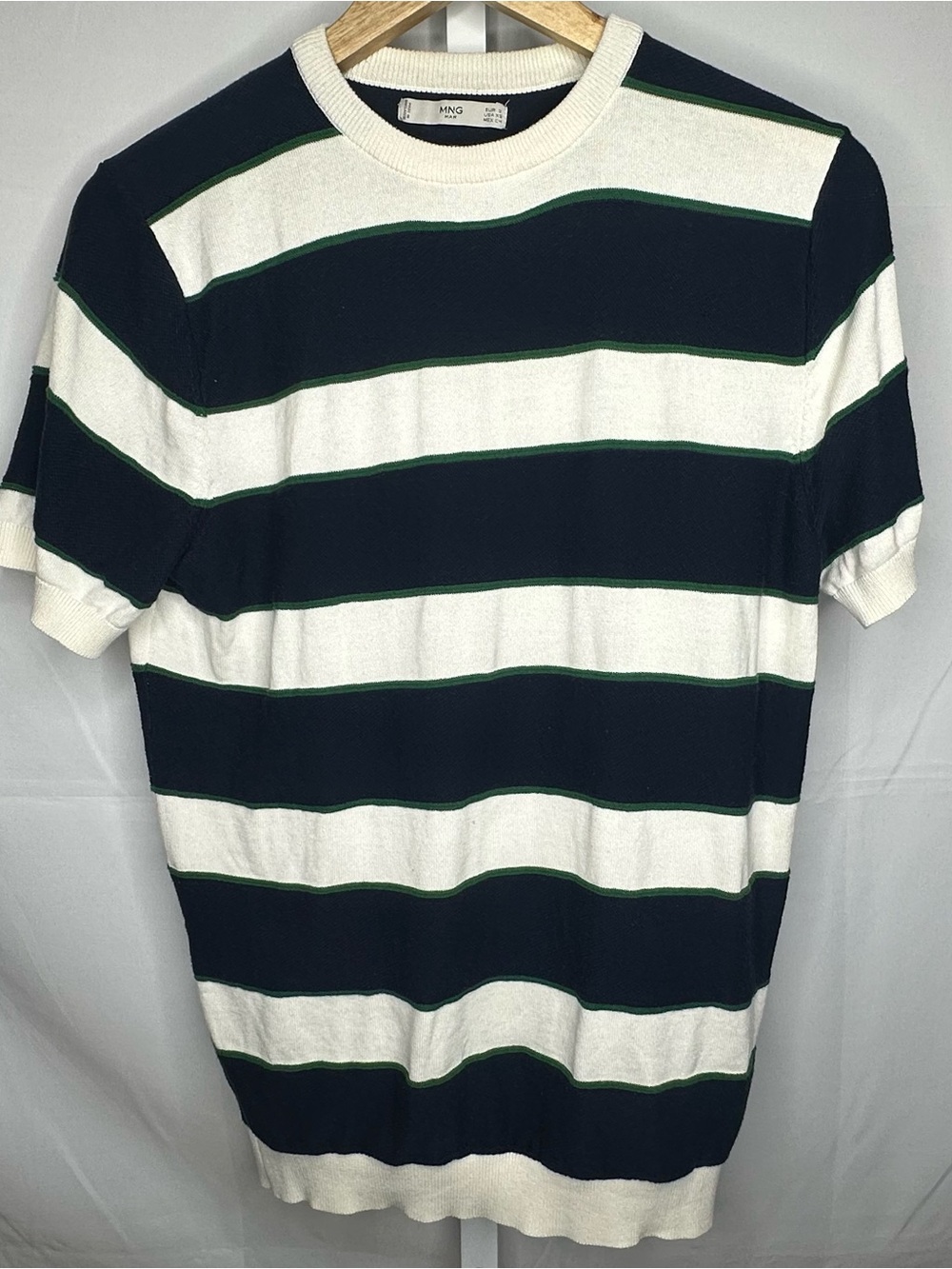 Mango Navy, White & Green Striped Short Sleeve Knit Tee